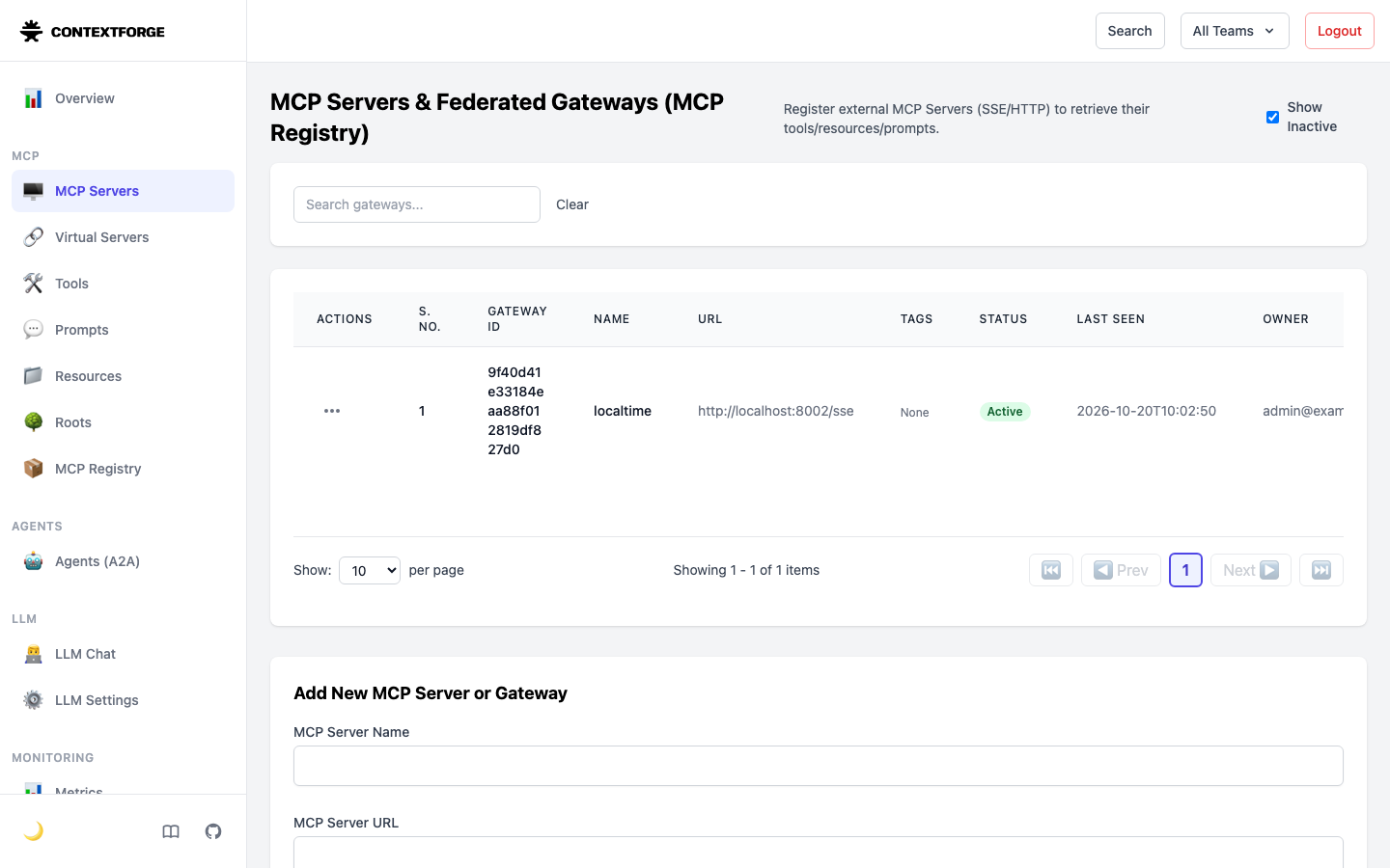 The ContextForge MCP Servers page listing the localtime gateway at http://localhost:8002/sse with status Active, and the Add New MCP Server or Gateway form