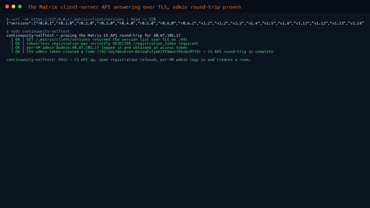 The Matrix client-server API returning its supported version list over TLS on port 443, followed by the self-test proving the full round-trip: the version list is served, a token-less registration is rejected, and the per-VM admin logs in and creates a room