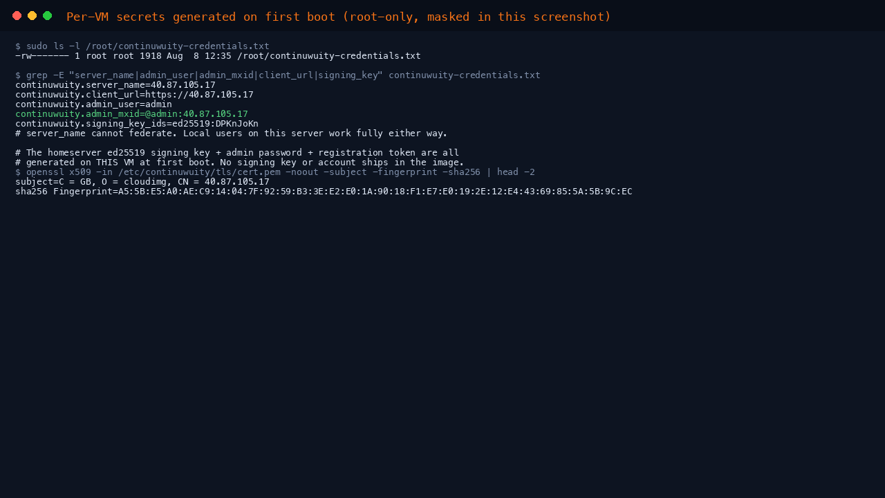 The root-only credentials summary file listed with 0600 permissions, the non-secret fields of the summary including the per-VM server name, admin Matrix ID and the homeserver signing key identifier, and the per-VM self-signed certificate subject and SHA-256 fingerprint — all generated uniquely on this VM at first boot