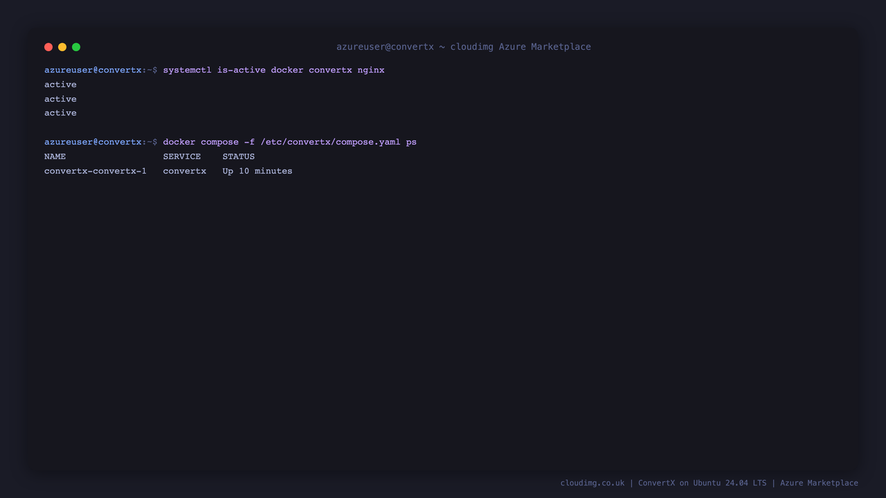 systemctl reporting docker, convertx and nginx active, and the ConvertX container running under Docker Compose