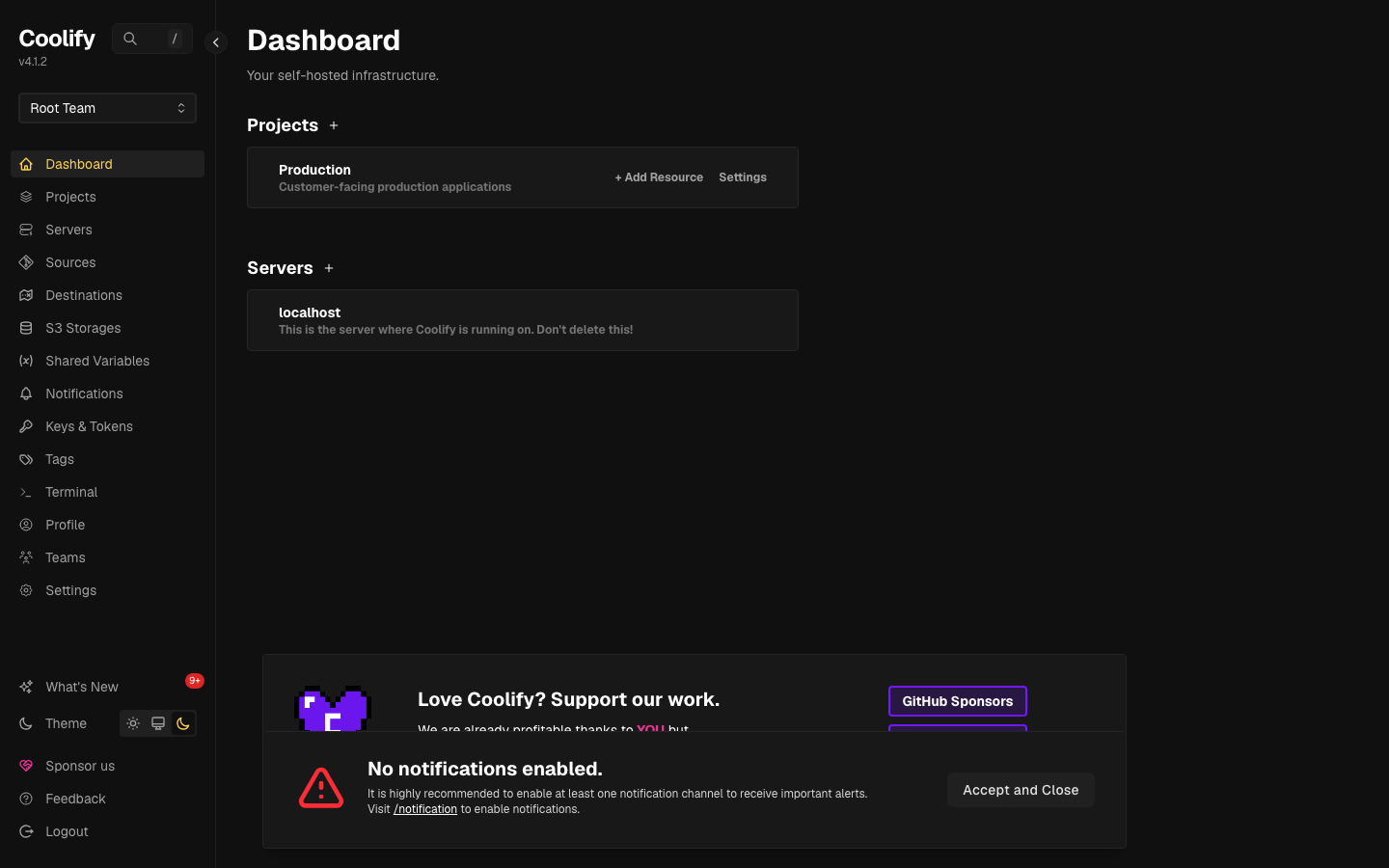 The Coolify dashboard after signing in