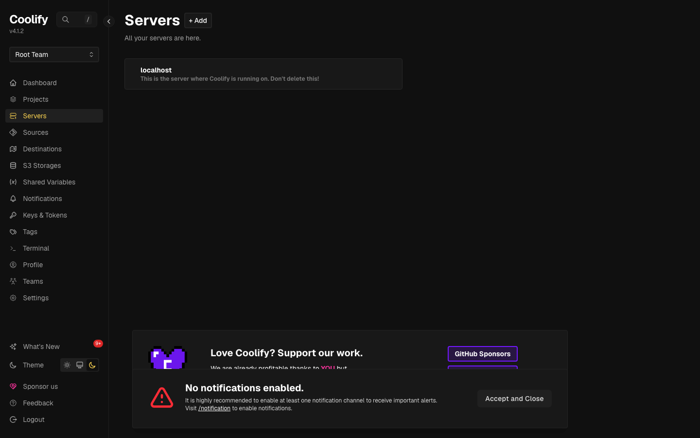 The Coolify servers view showing the local Docker host
