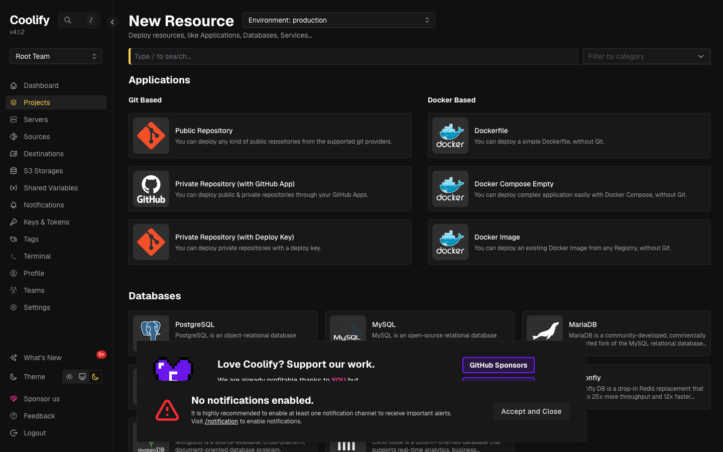 The Coolify new resource catalogue