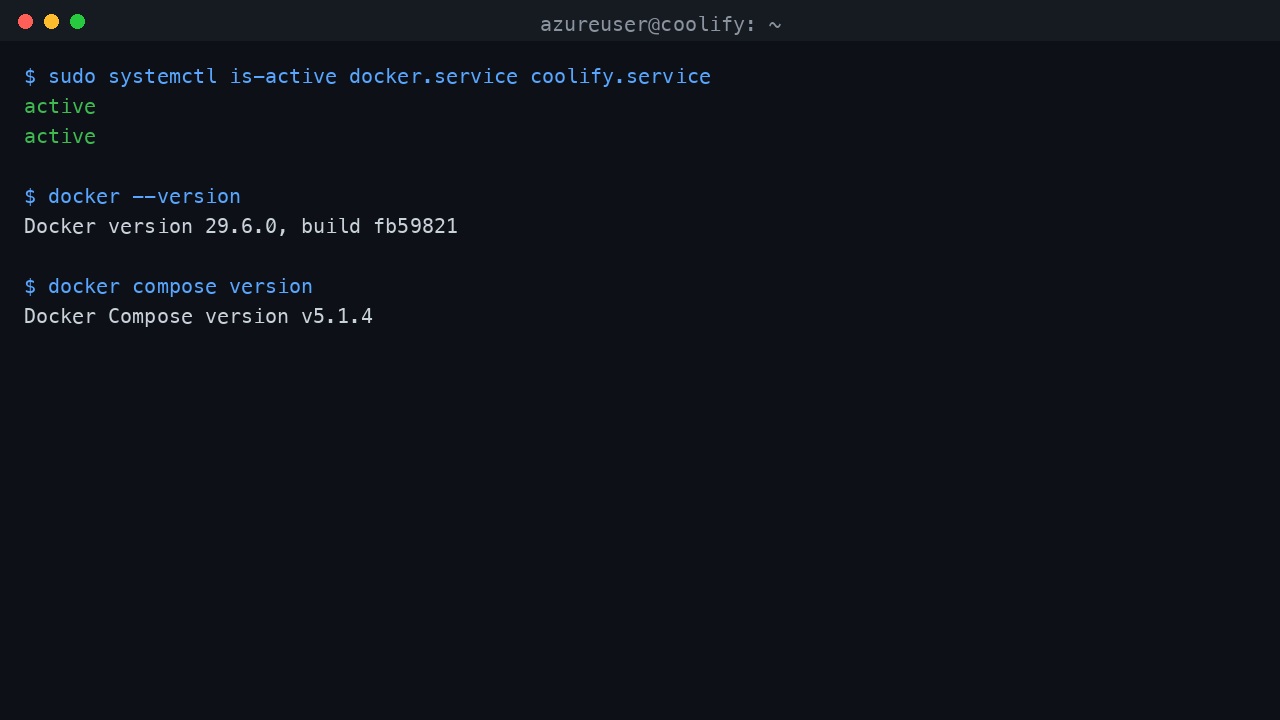 Docker and Coolify systemd services reporting active with Docker and Compose versions