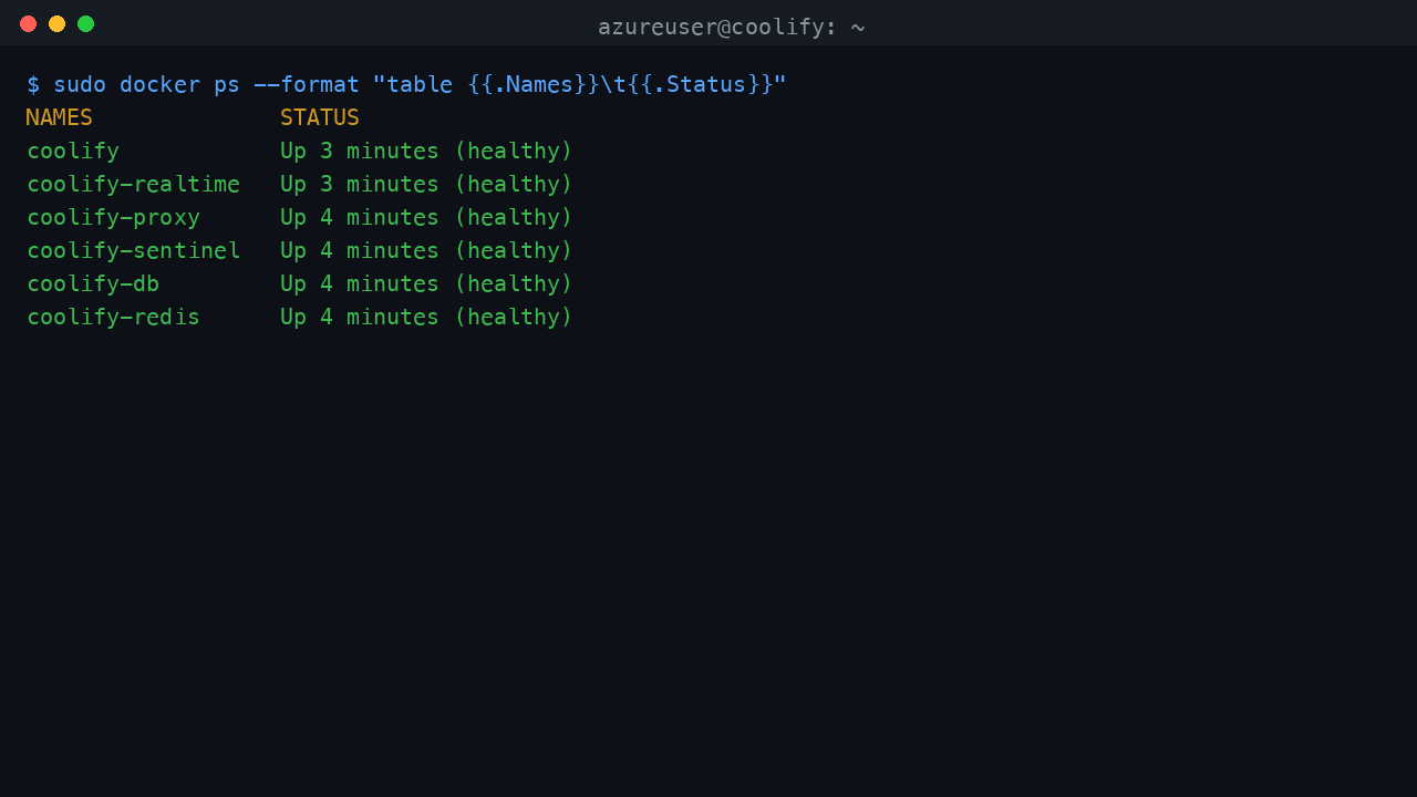 Coolify Docker Compose containers running and healthy