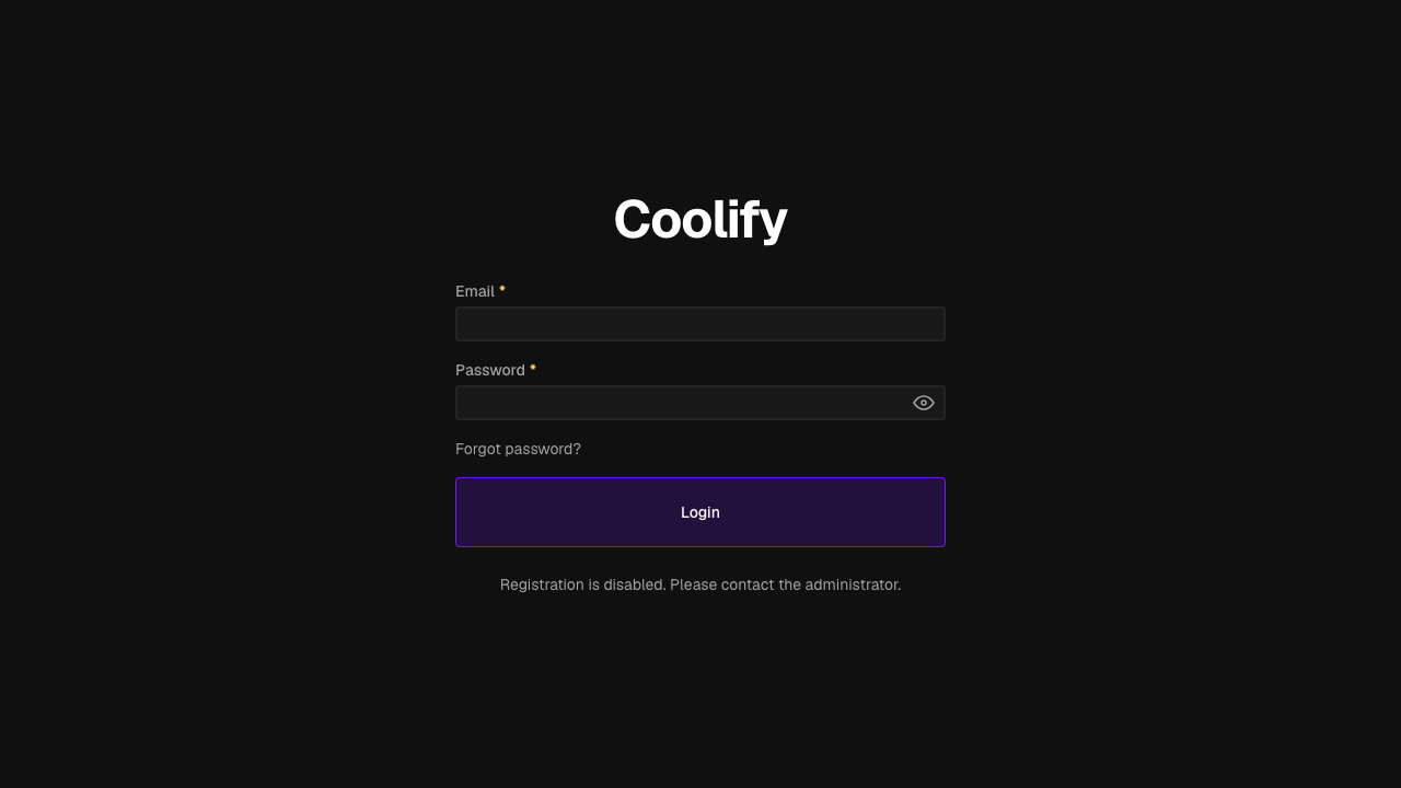 Coolify login page with self-registration disabled