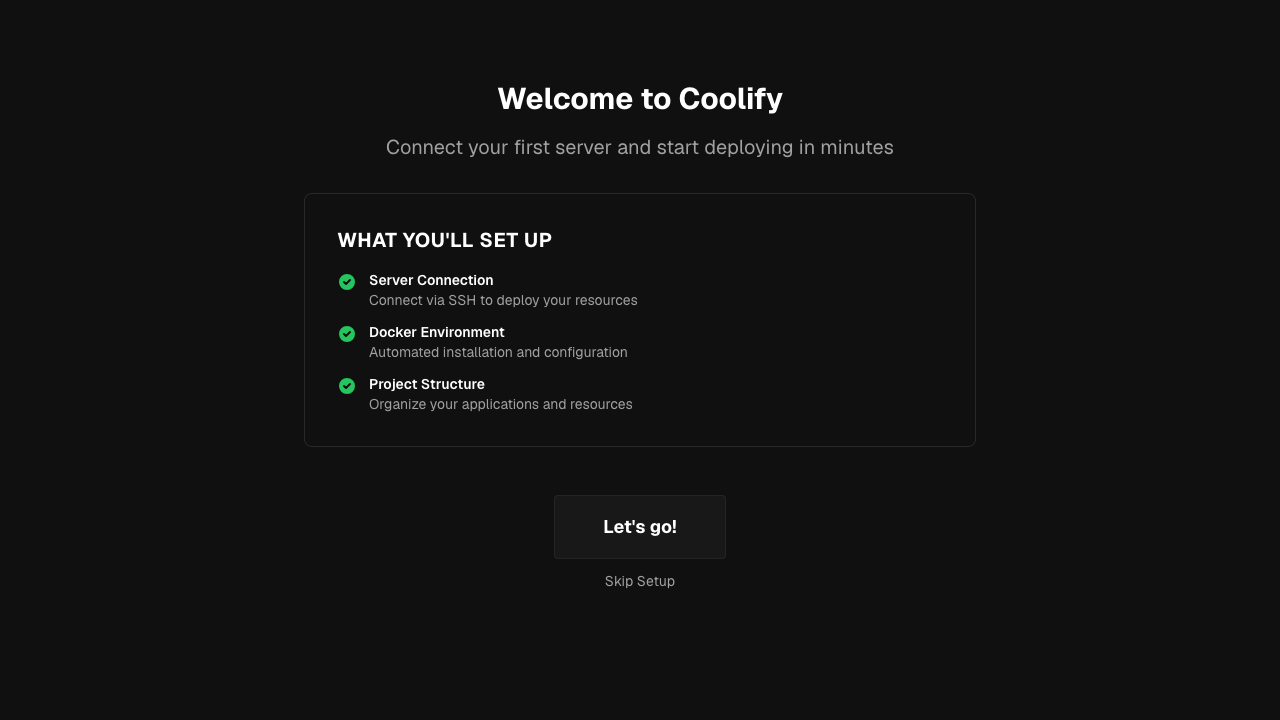 Coolify onboarding welcome screen