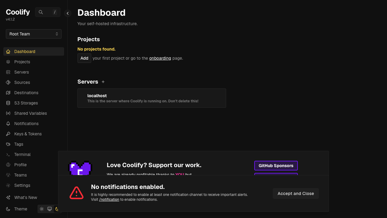 The Coolify dashboard showing projects and the localhost server