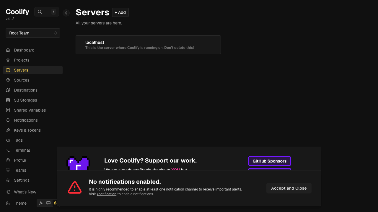 The Coolify servers view with the localhost server