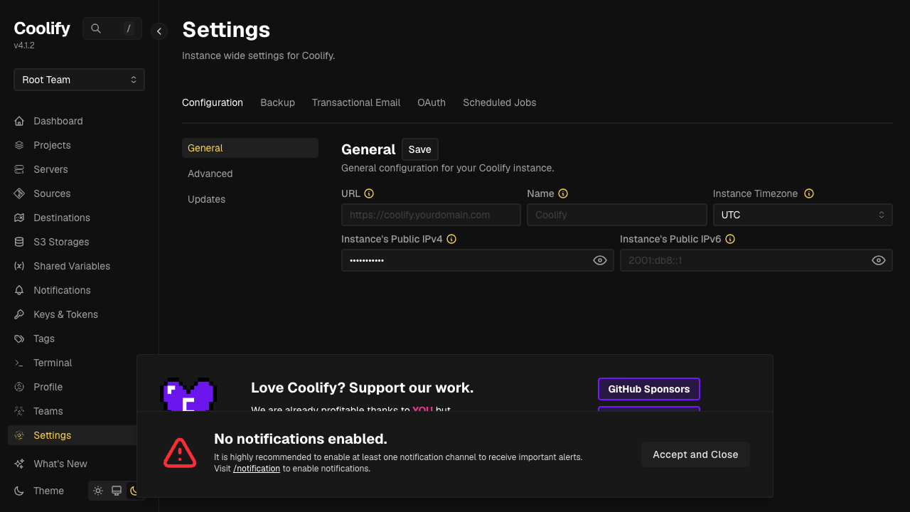The Coolify instance settings configuration page