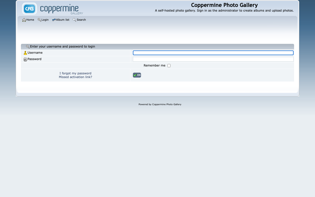 The Coppermine sign-in page with the username and password fields for the administrator generated on this instance
