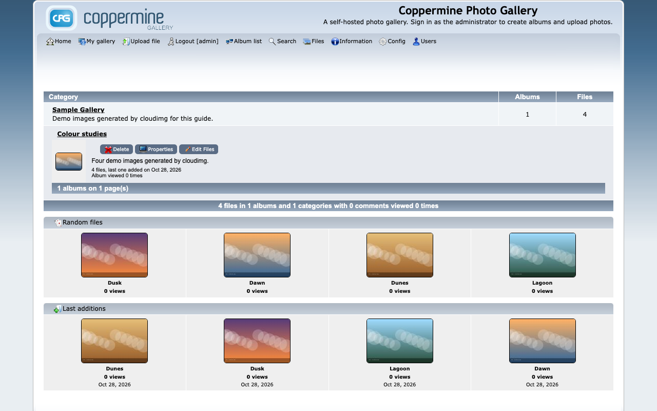 The Coppermine gallery front page with a demo category and album, the album thumbnail and the admin menu along the top
