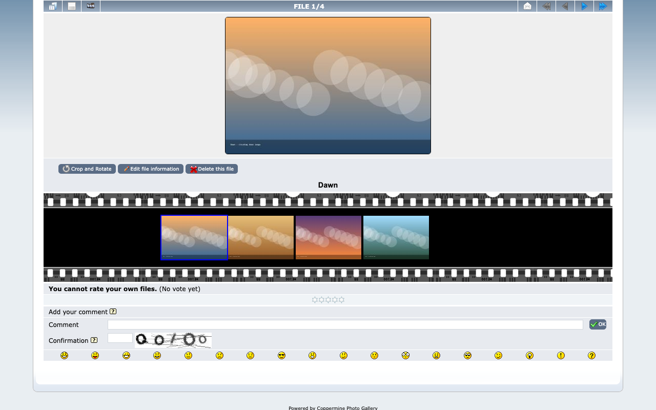 A demo picture shown in Coppermine's picture view with the film strip of the album's other pictures underneath