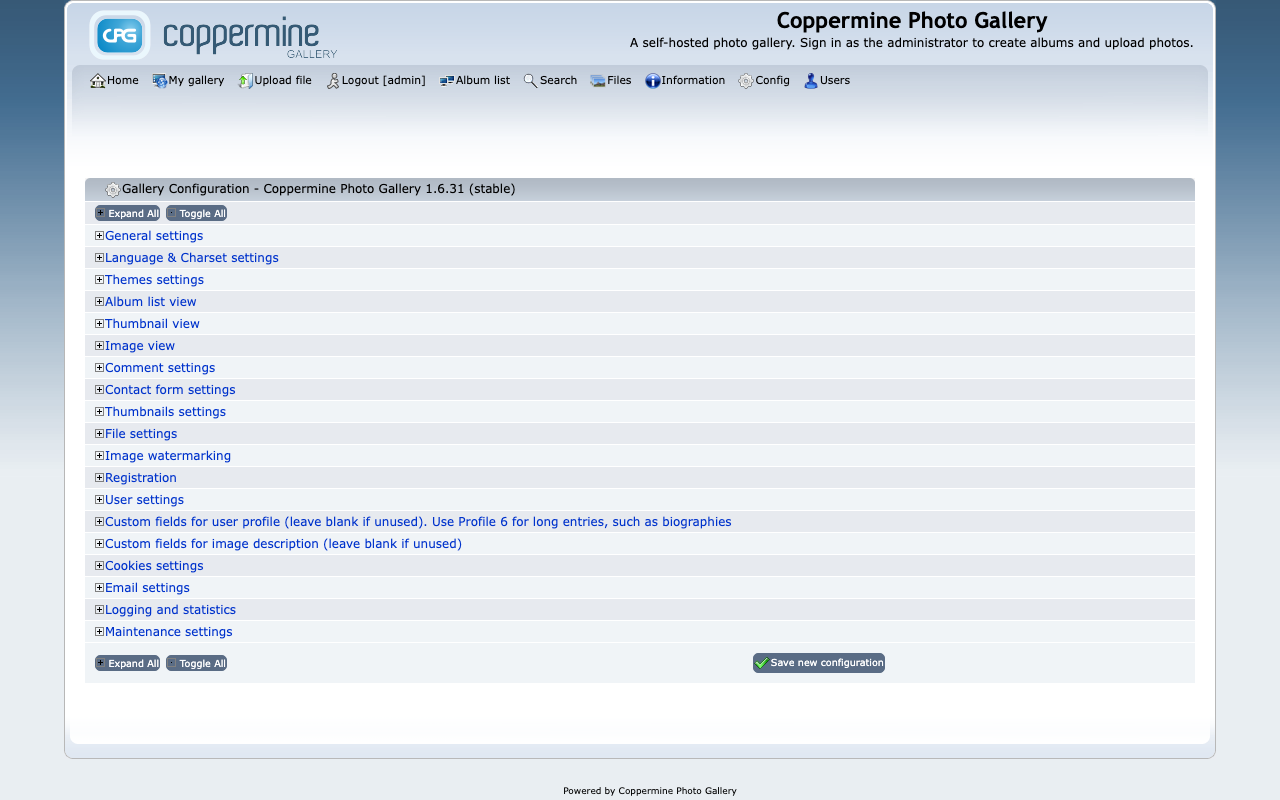 The Coppermine Gallery Configuration page with its sections for general settings, themes, album lists, thumbnails, files, registration and users