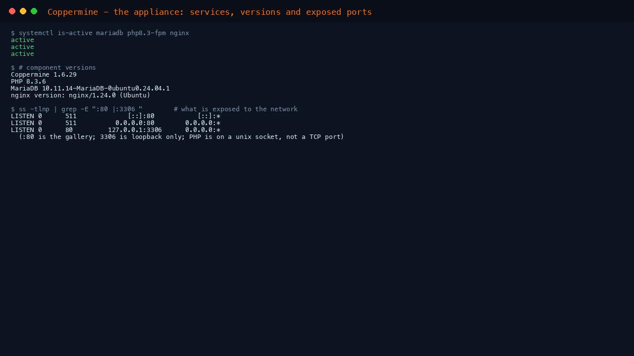 Coppermine services, versions and exposed ports on the cloudimg image