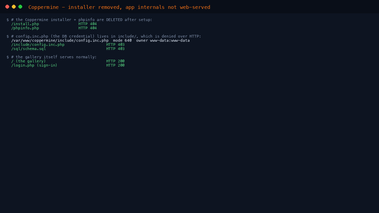 Coppermine installer removed and app internals not served over HTTP