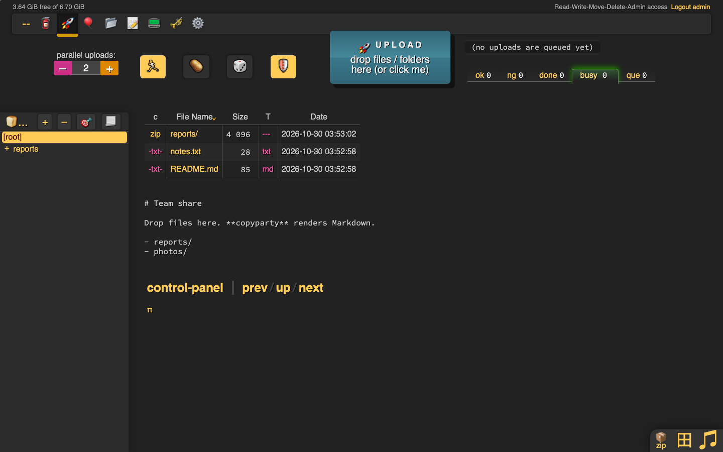 copyparty listing the shared folder with a reports folder, a text file and a Markdown file
