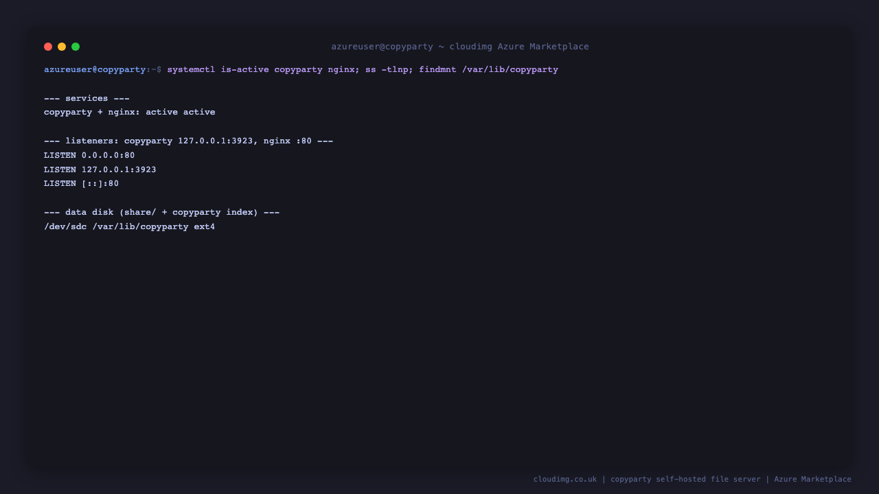 The copyparty and nginx services active, the listener on loopback 3923 and nginx on port 80, and the dedicated data disk mounted at /var/lib/copyparty