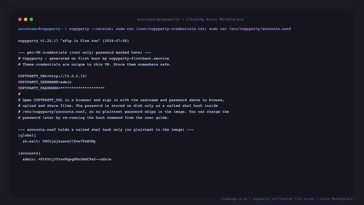 The copyparty version, the per-VM credentials file with the generated admin password and URL, and the accounts.conf entry showing only a salted hash - no plaintext password