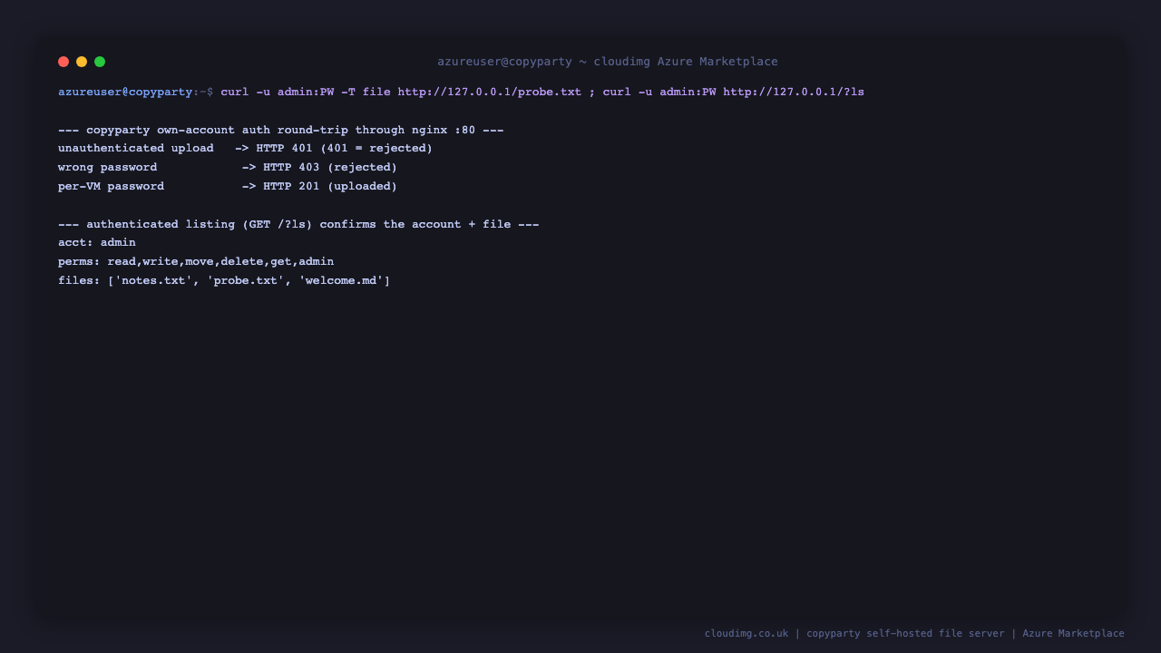 The auth round-trip: an unauthenticated upload rejected with 401, a wrong password rejected with 403, the correct password accepted with 201, and the authenticated listing confirming the account and its files