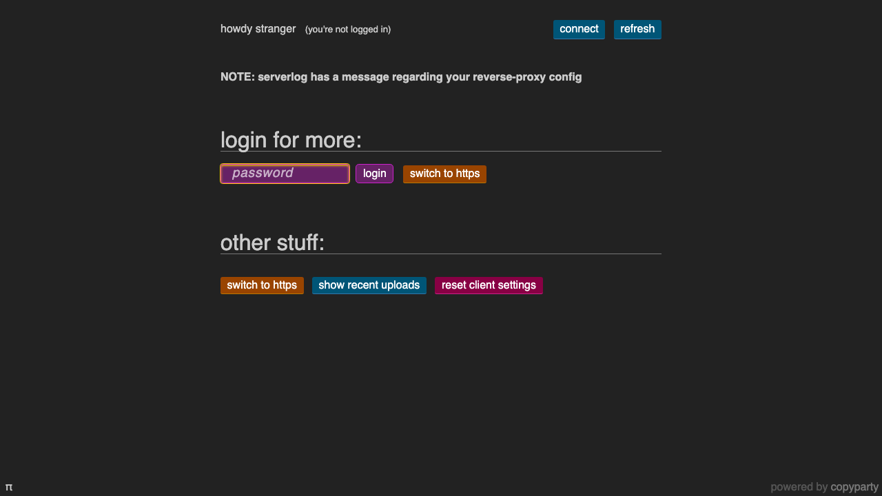 The copyparty login prompt shown to an unauthenticated visitor, with the password field and login button