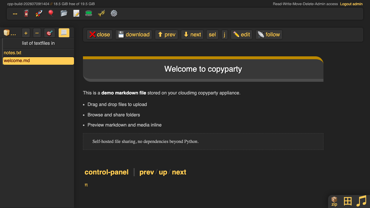A Markdown file rendered inline by copyparty, showing headings, a bulleted list and a blockquote