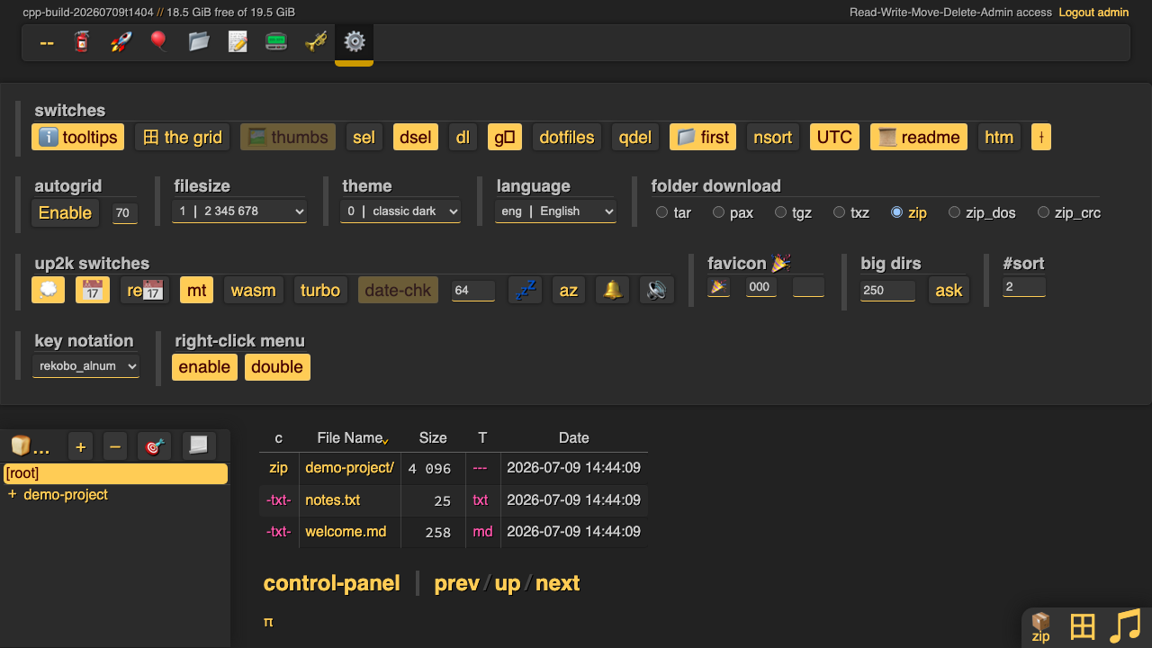 The copyparty control panel showing display, theme, language and upload switches