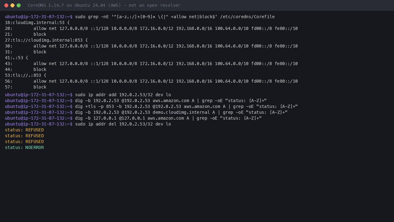 The acl in all four Corefile server blocks allowing only loopback and private ranges, and queries from the public test address 192.0.2.53 refused over DNS and DNS-over-TLS while the same query from 127.0.0.1 is answered
