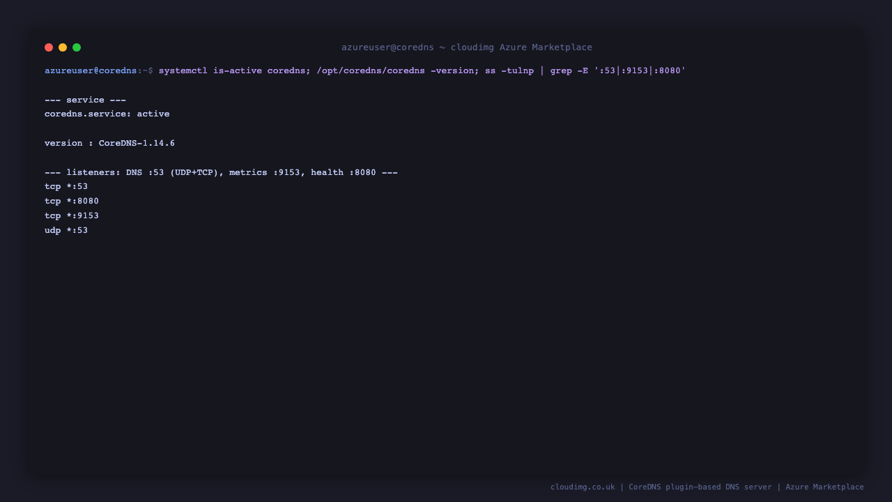 coredns.service reports active, the coredns binary reports version CoreDNS-1.14.6, and ss shows the server listening on port 53 for DNS over both TCP and UDP, port 9153 for Prometheus metrics and port 8080 for health on all interfaces