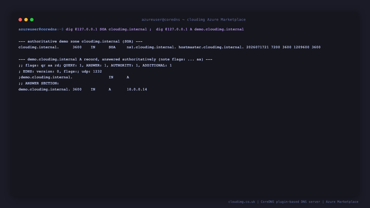 dig returns the SOA for the authoritative demo zone cloudimg.internal, and a query for demo.cloudimg.internal returns an A record with the header flags including aa, the authoritative answer flag, resolving to the VM IP address 10.0.0.14