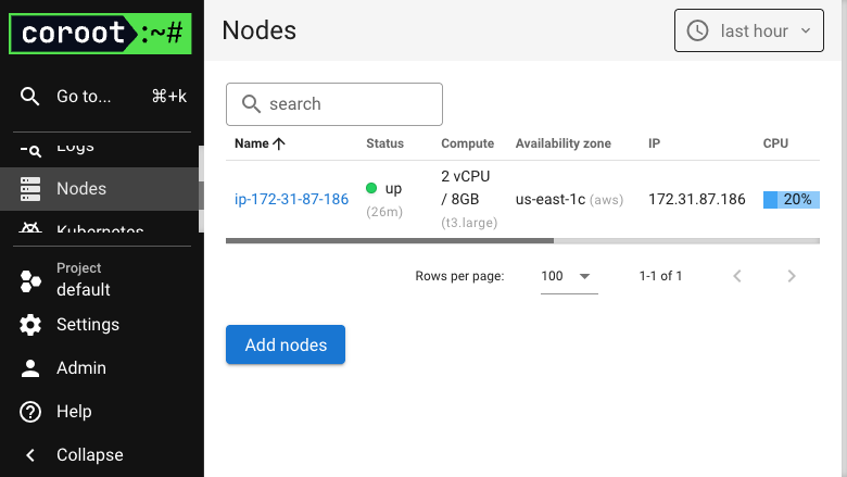 The Coroot Nodes view showing the discovered EC2 host with its status, compute, availability zone and live CPU telemetry collected by the eBPF node agent