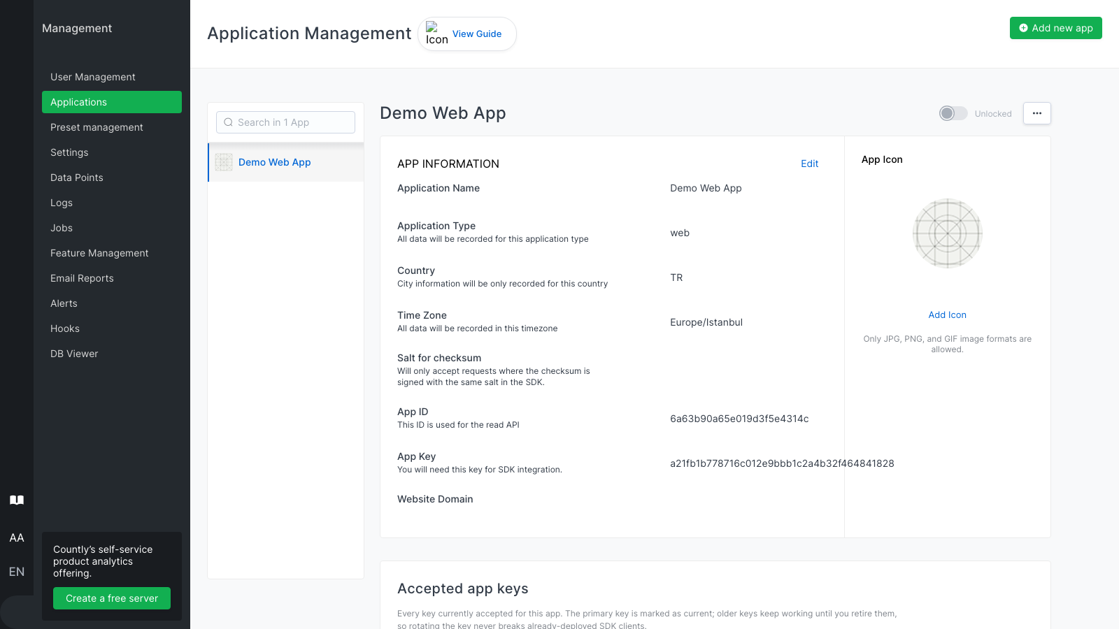 The Countly Lite application management area