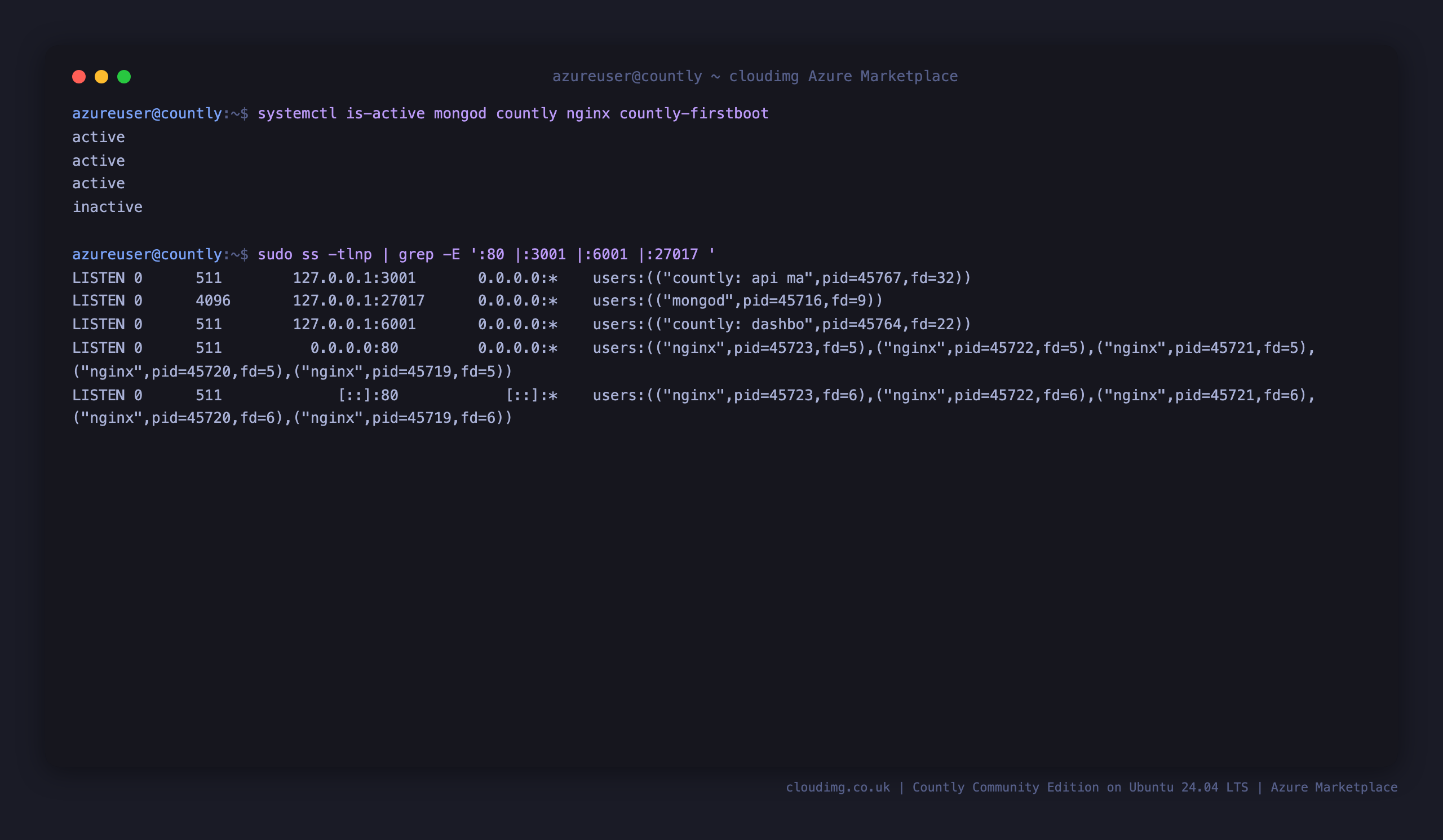 Countly and MongoDB services active with loopback-bound API, dashboard and database
