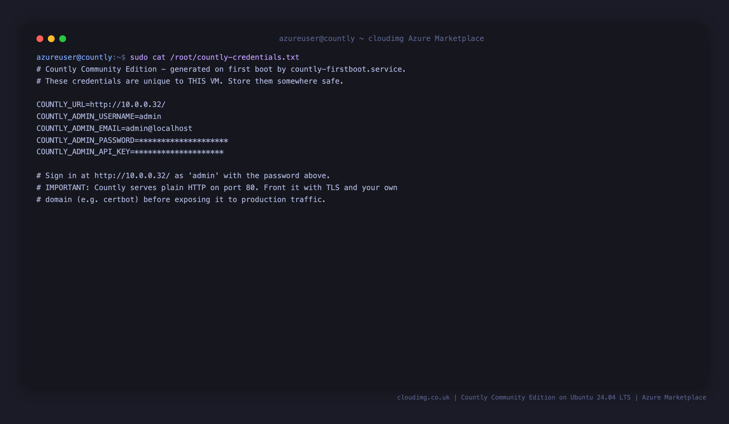 The per-VM admin credentials file, generated fresh on first boot