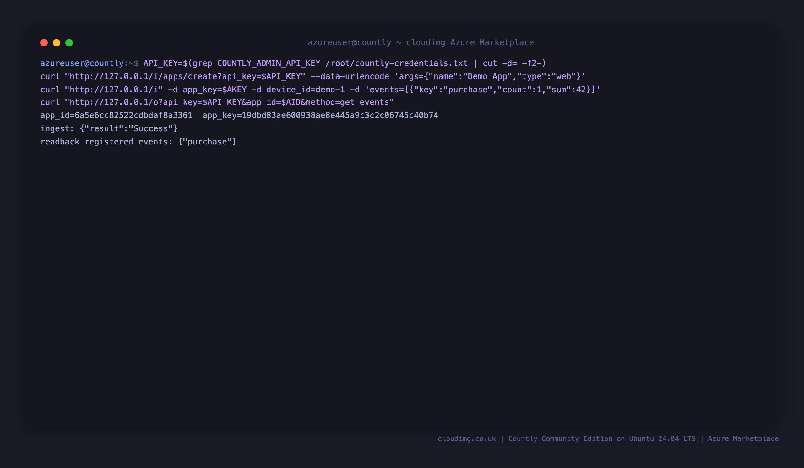 The analytics round-trip: create an app, ingest an event, read it back