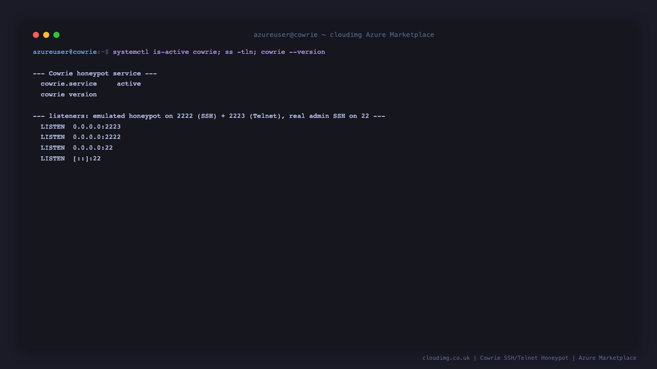 Terminal showing the cowrie service active and listening on ports 2222 and 2223 for the honeypot and port 22 for real admin SSH, with the Cowrie version reported