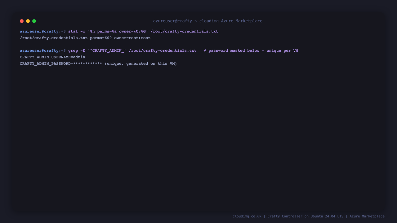 The per VM admin credentials file stored 0600 root:root at /root/crafty-credentials.txt, holding the admin username and the unique password generated for this VM at first boot