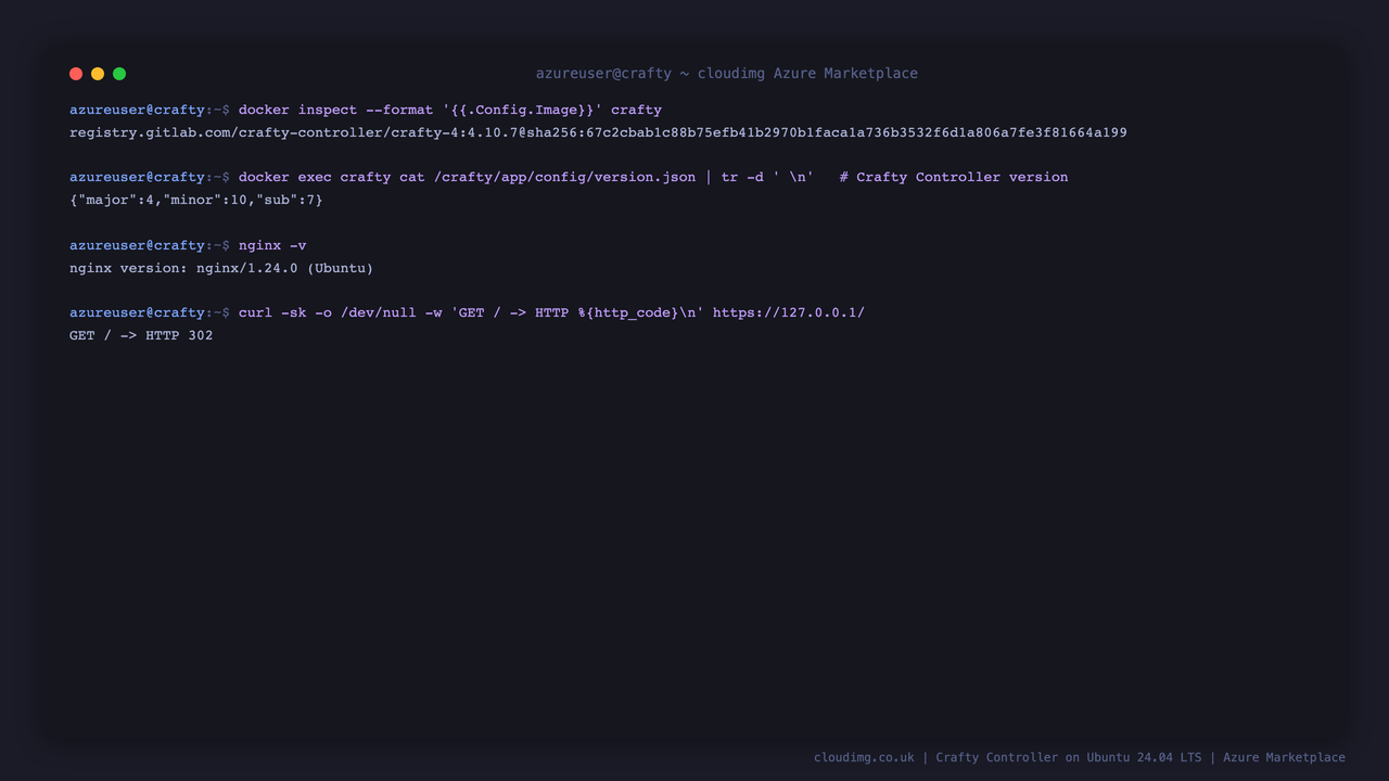 The pinned Crafty image reference, the Crafty version 4.10.7 from version.json, the nginx version, and the panel returning HTTP 200 through the nginx TLS front