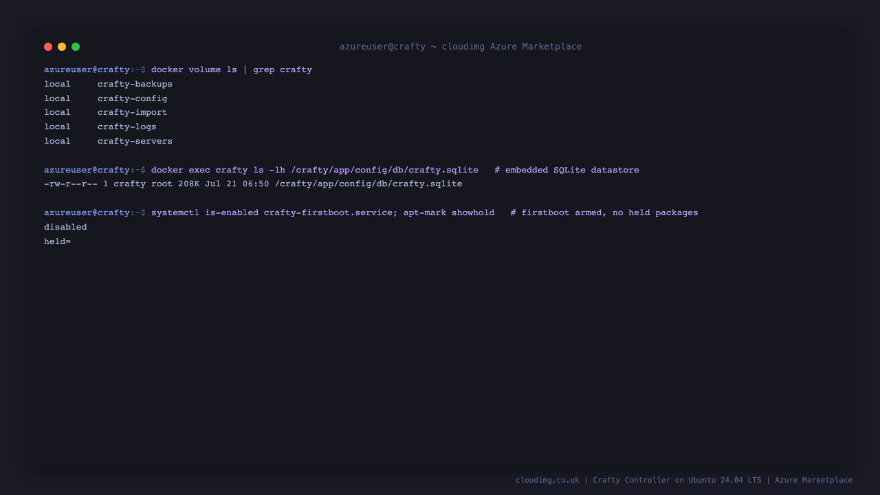 The crafty Docker volumes, the crafty.sqlite database inside the config volume, the first boot service enabled, and an intact OS patch baseline with no held packages