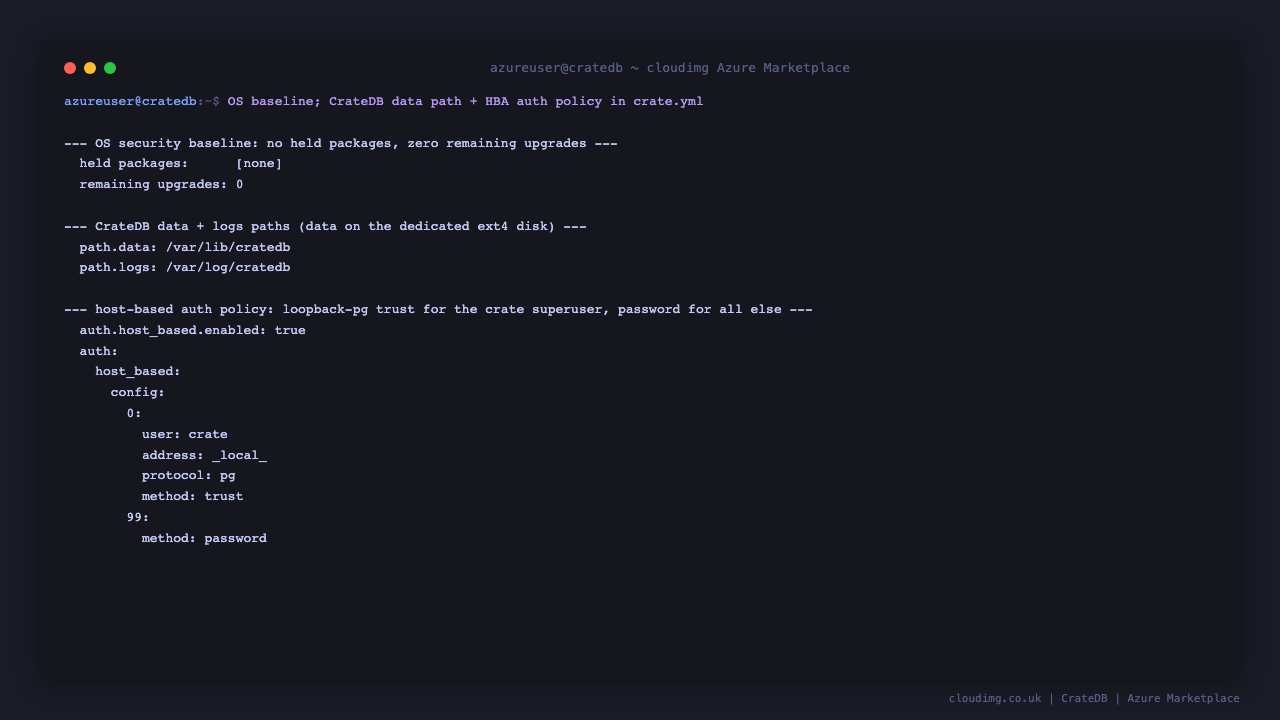 The OS security baseline, the CrateDB data and log paths, and the host based authentication policy in crate.yml