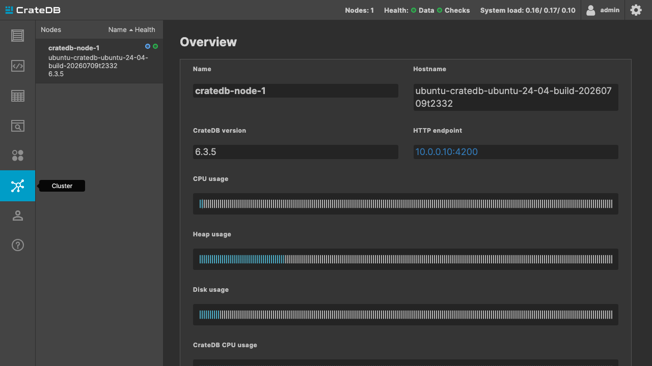 The Crate Admin UI Cluster view showing node cratedb-node-1 running CrateDB 6.3.5 with its CPU, heap and disk usage