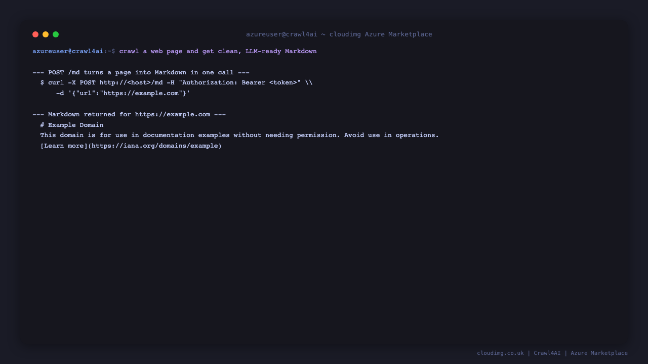 Terminal showing a POST to the md endpoint with the per VM bearer token returning the clean Markdown rendering of example.com, headed by the Example Domain title