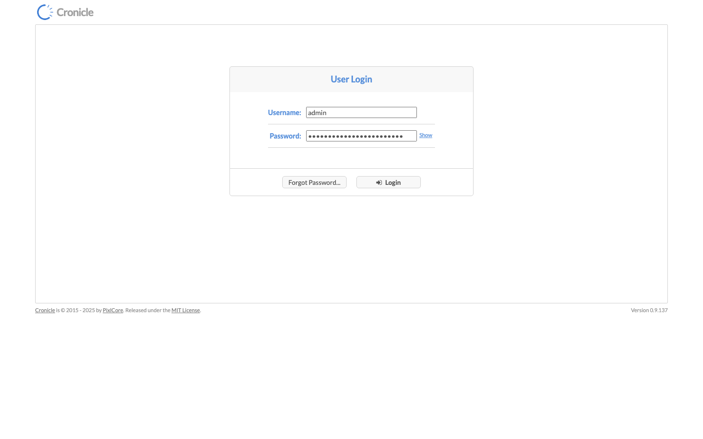 The Cronicle User Login form with the admin user name and a masked password filled in