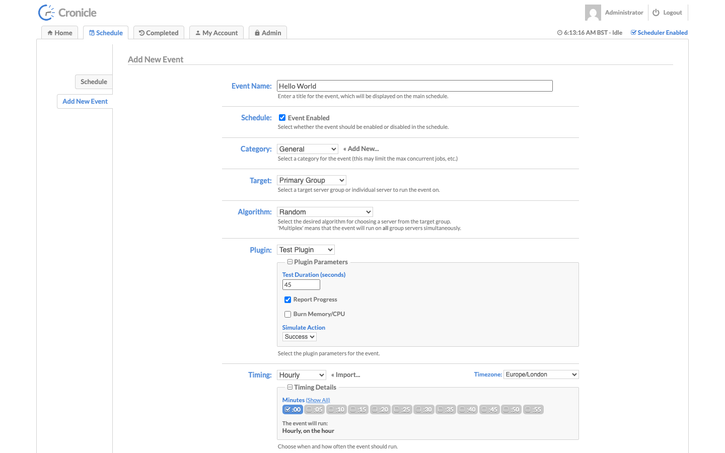 The Add New Event form: Hello World in the General category on the Primary Group, using the Test Plugin with a 45 second duration, run hourly