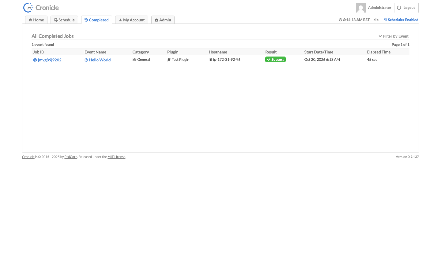 The Completed tab listing the Hello World job with a Success result after 45 seconds