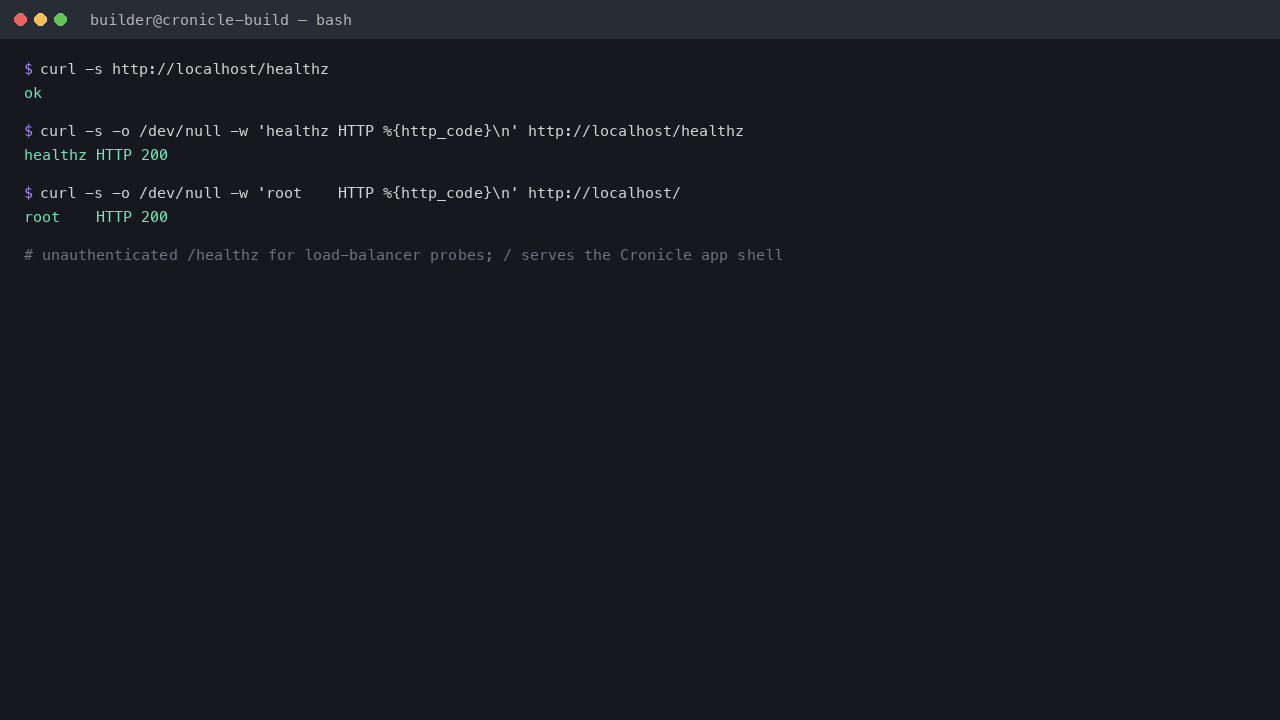 The nginx health endpoint returning ok with HTTP 200 on port 80, and the Cronicle app shell returning HTTP 200