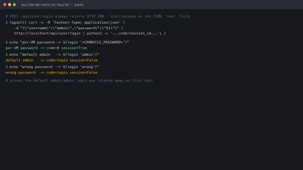 The login round trip: the correct per VM password authenticates with code 0, while the default admin password and a wrong password are both rejected