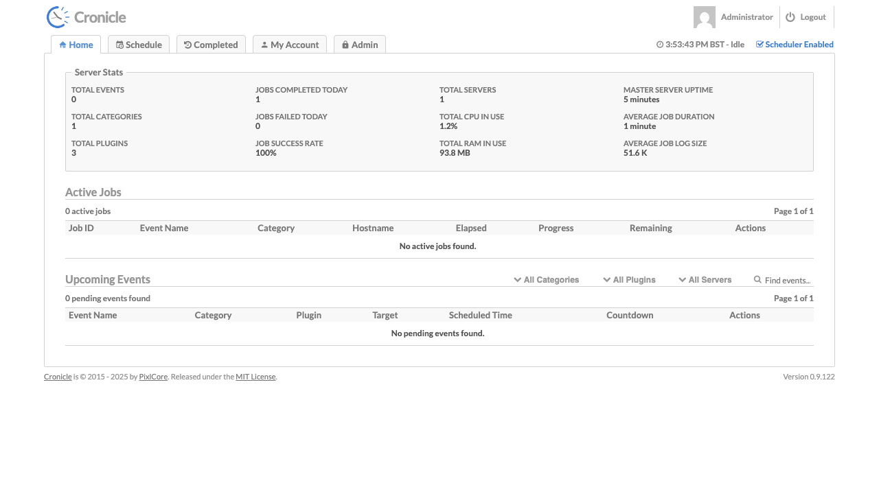 The Cronicle Home dashboard after signing in, showing server stats, active jobs and upcoming events