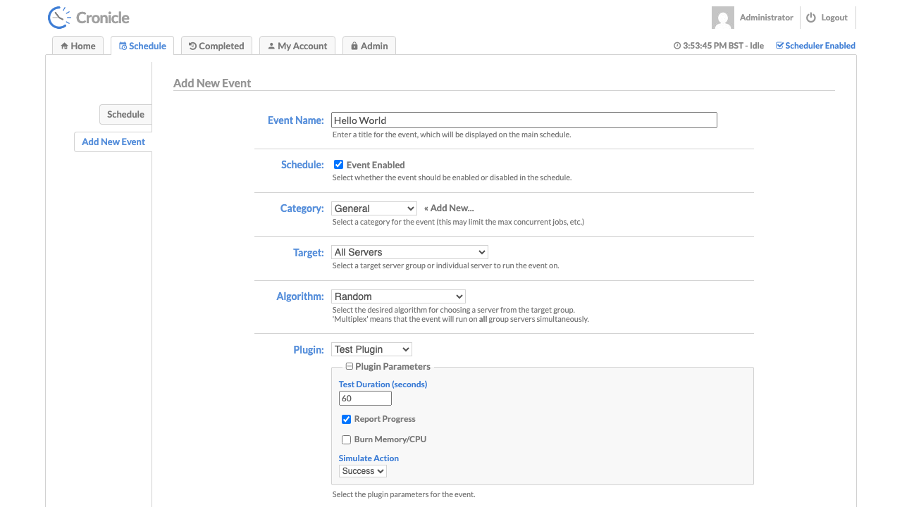 The Add New Event dialog: naming an event, choosing the General category, All Servers target and the Test Plugin