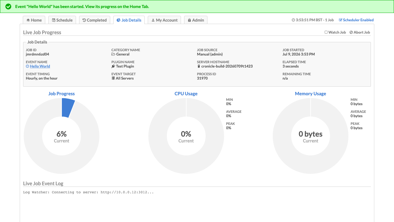 A live Cronicle job execution: Job Details showing progress, CPU and memory gauges and the live streaming event log